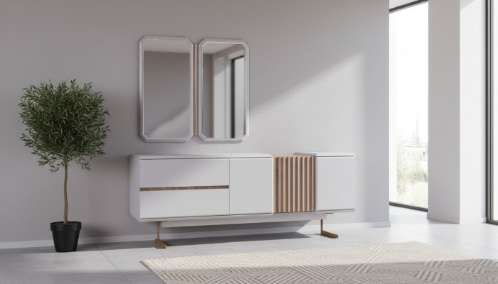 Exclusieve eetkamer dressoir 2x spiegel stijl commode 210cm hout 3-delig