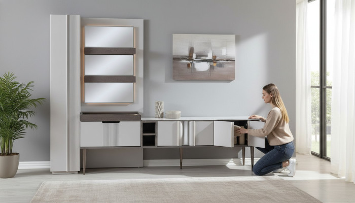Exclusieve woonkamerwand Witte kleur Designmeubelen voor woonkamer LED-verlichting