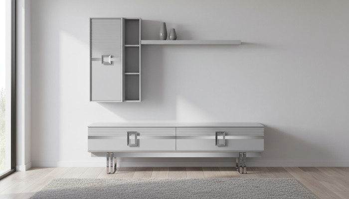 Moderne woonkamer wand bestaat uit 4 delen in exclusief wit woonkamermeubilair.