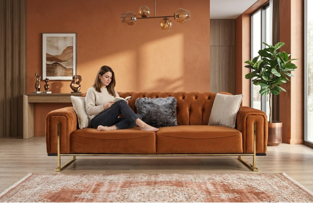 Luxe Chesterfield bankstel 3-zits bruin Cognac, gestoffeerde textielen bankstellen.