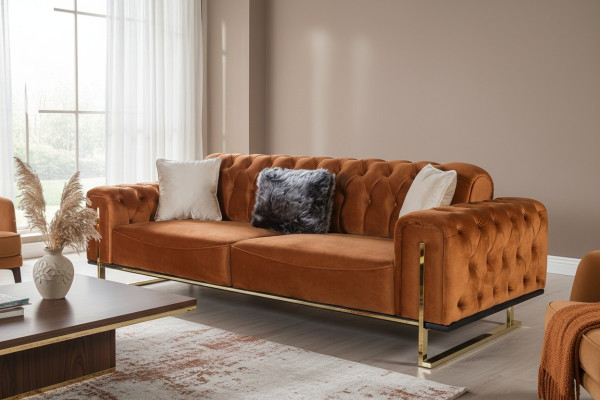 Luxe Chesterfield bankstel 3-zits bruin Cognac, gestoffeerde textielen bankstellen.