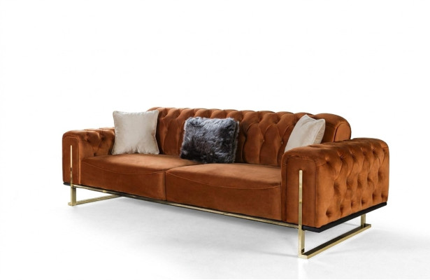 Luxe Chesterfield bankstel 3-zits bruin Cognac, gestoffeerde textielen bankstellen.