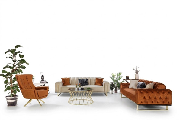 Designer Chesterfield 3-delige set 2x 3-zitsbank Fauteuil Modern Driepersoonsbank.