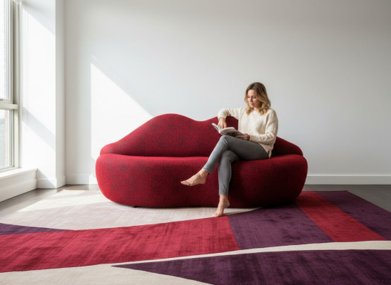 Ontwerper 3-zitsbank rood van kleur in de vorm van lippen, stijlvolle zitkussens.