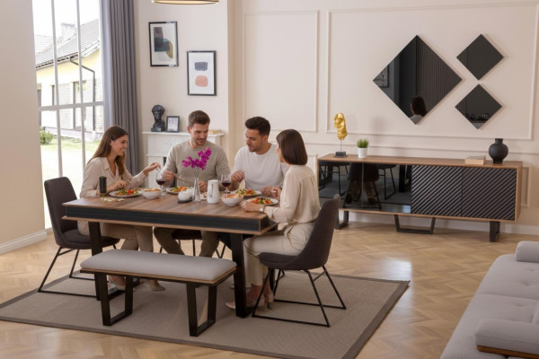 Eetkamerset Eettafel 4x Stoelen Bank Dressoir Eetgroep 3x Spiegels 10 stuks
