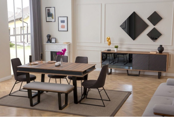 Eetkamerset Eettafel 4x Stoelen Bank Dressoir Eetgroep 3x Spiegels 10 stuks