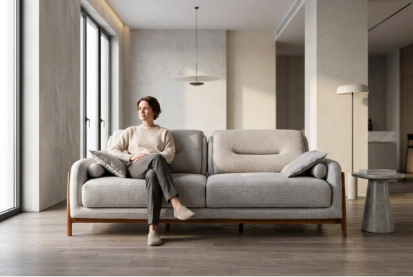 Luxe bank 3-zits bankstel meubels in moderne woonkamer gestoffeerd met textiel.