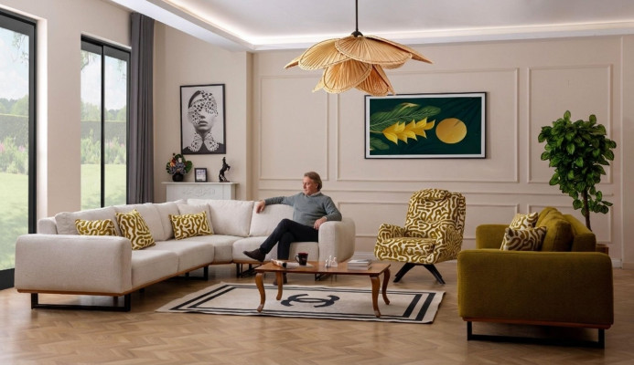 Designer woonkamerset 3-delig. Bankstel 4 + 1 zit hoekbank L-vormig Modern