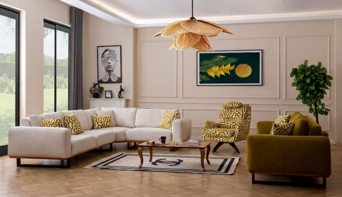 Designer woonkamerset 3-delig. Bankstel 4 + 1 zit hoekbank L-vormig Modern