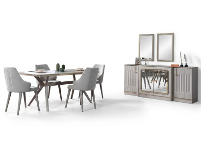 Eetkamer set met dressoir, 2 spiegels, tafel en 6 stoelen - 10-delig.