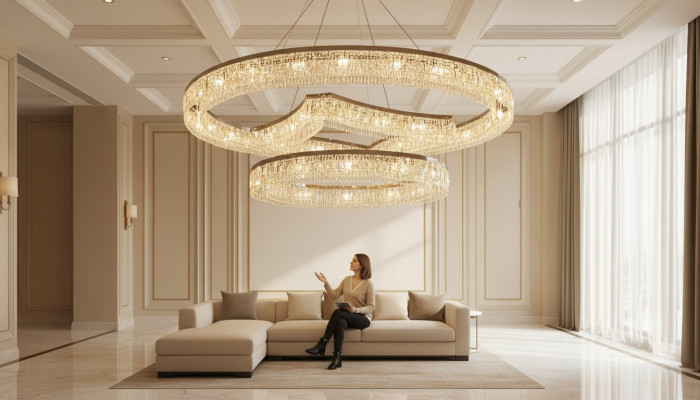 Kroonluchter van verchroomd roestvrij staal met kristal in de foyer, luxe nieuw.