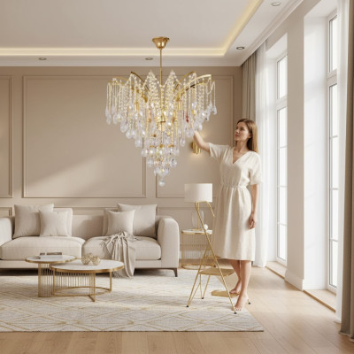 Exclusieve kristallen kroonluchter voor een stijlvolle woonkamer ambiance