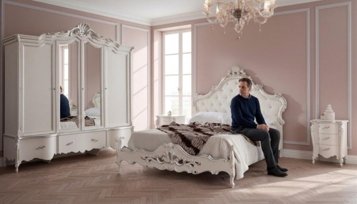 Witte slaapkamer set Klassiek bed 2x nachtkastjes Kledingkast