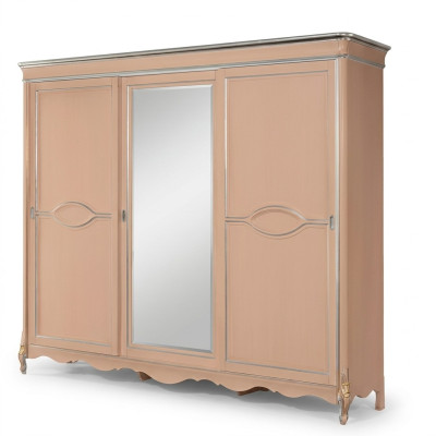 Beige slaapkamer kledingkast met 3 deuren massief houten meubels klassiek