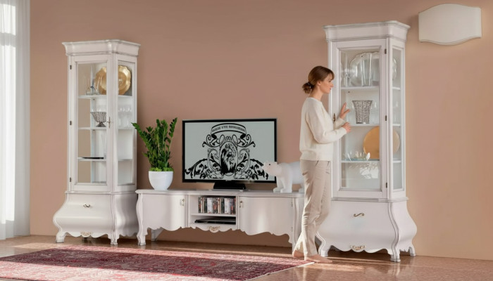 Witte luxe woonkamer wandmeubels 2x vitrines TV-standaard Klassiek.