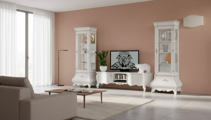 Witte luxe woonkamer wandmeubels 2x vitrines TV-standaard Klassiek.
