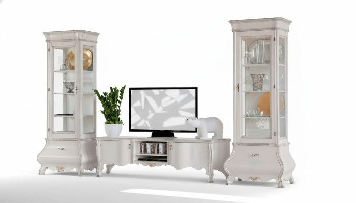 Witte luxe woonkamer wandmeubels 2x vitrines TV-standaard Klassiek.
