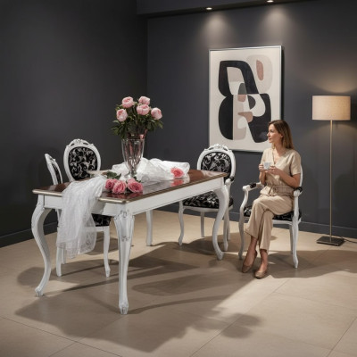 Ontwerp eetkamer houten meubels 4x stoelen witte tafel eetgroep eetkamerset 5-delig.