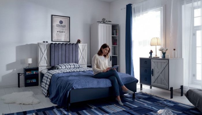 Luxe Modern Blau Slaapkamer Set Bed Commode Boekenkast Hout Nieuw 3-delig