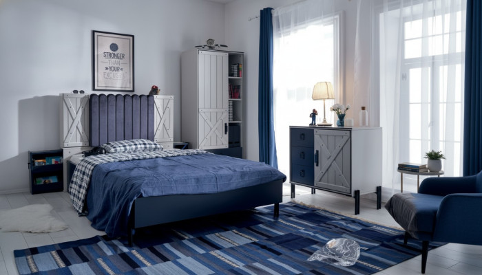Luxe Modern Blau Slaapkamer Set Bed Commode Boekenkast Hout Nieuw 3-delig
