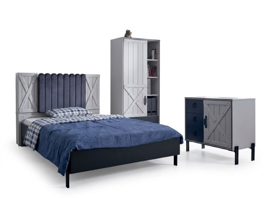 Luxe Modern Blau Slaapkamer Set Bed Commode Boekenkast Hout Nieuw 3-delig