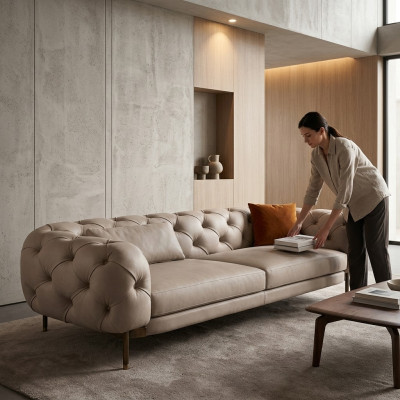 Bankstel 3-zits luxe beige gestoffeerde bankstellen Ontwerp Kunstleer nieuw Modern