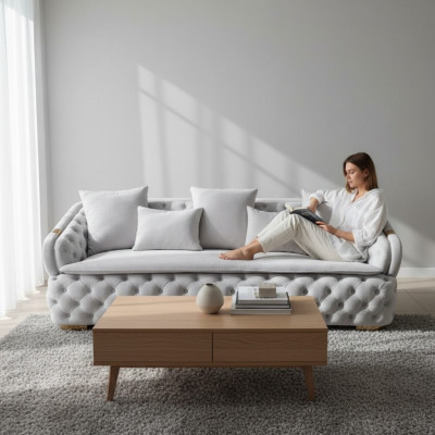 luxe ontwerper grijs 3-zits luxe Chesterfield stoffen bank moderne nieuwste