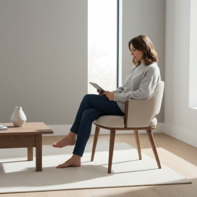 Beige gestoffeerde houten keukenstoel met armleuningen.