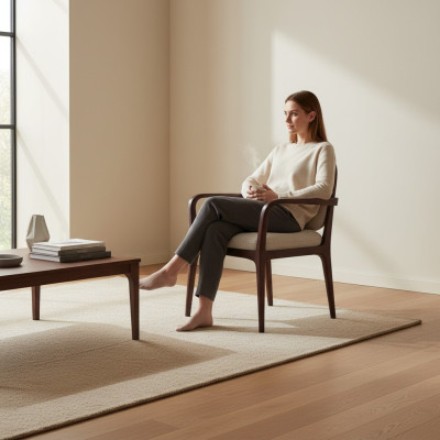 Ontwerper Grijze gestoffeerde eetkamerstoel Meubels met bruin houten frame Fauteuil Stoel