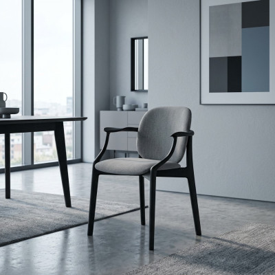Ontwerper Grijze Eetkamerstoel Houten Frame Armleuningen Stoel Bekleding Meubels