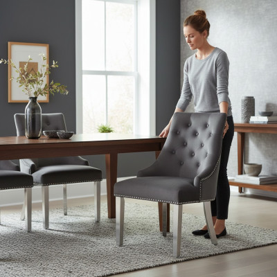 Grijze eetkamer Chesterfield-stoel stoffen stoel luxueuze fauteuil met één zitplaats