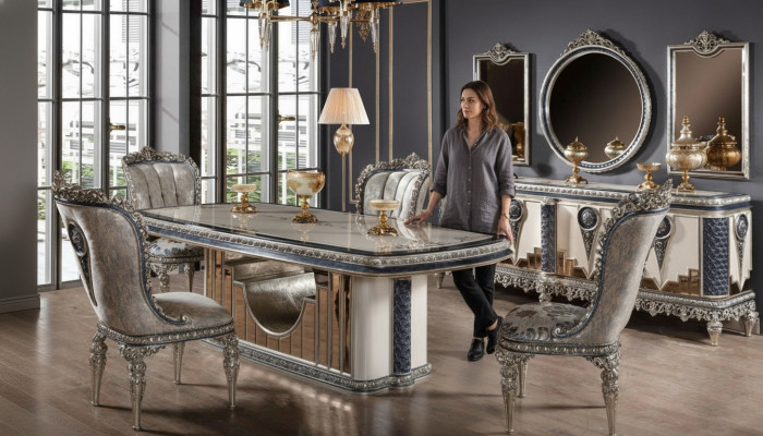 Grijze eetkamerset, klassieke eetkamermeubels, eettafel, dressoir, nieuw