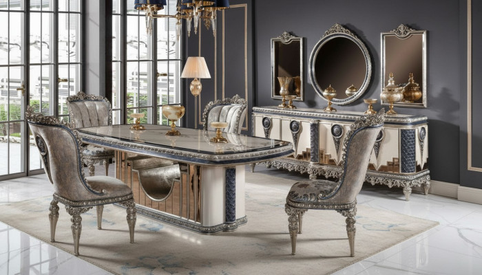 Grijze eetkamerset, klassieke eetkamermeubels, eettafel, dressoir, nieuw