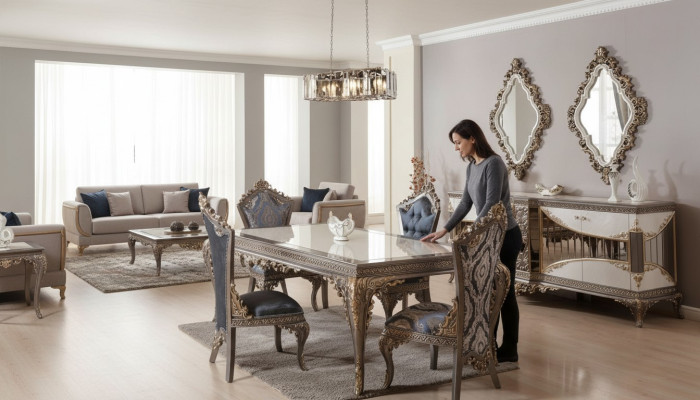 Wit-Taupe eetkamerset eettafel eetkamerstoelen dressoir spiegel