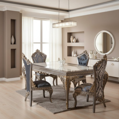 Designer Klassischer Esszimmer Set Stuhlgruppe Esstisch Garnitur 5tlg Ontwerper Klassieke eetkamer set Stoelgroep Eettafel Set 5-delig