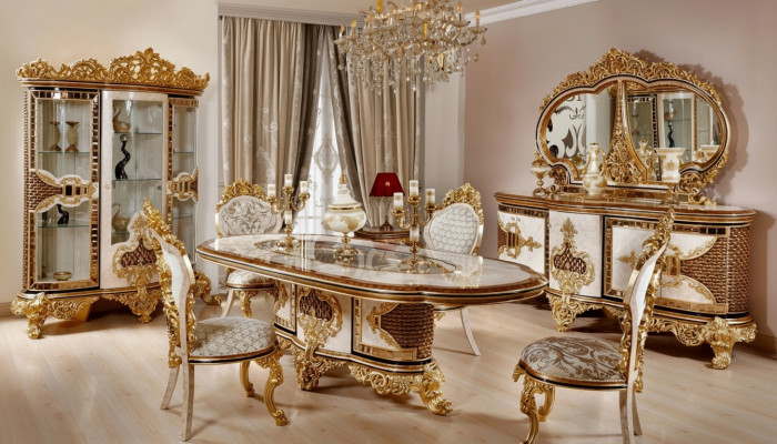 Luxe eetkamerset wit-goud Eettafel 4x stoelen Dressoir 6-delige meubels