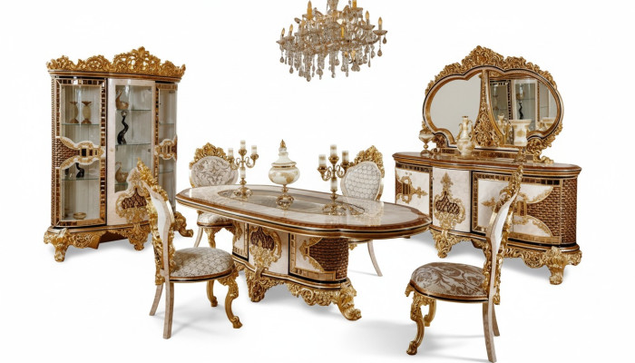 Luxe eetkamerset wit-goud Eettafel 4x stoelen Dressoir 6-delige meubels