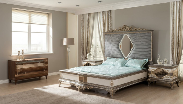 Klassieke grijze slaapkamer luxe set tweepersoonsbed 2x nachtkastjes