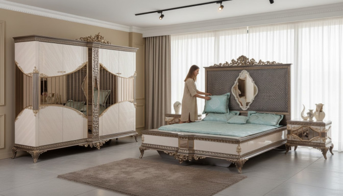 Wit-gouden slaapkamerset tweepersoonsbed 2x nachtkastjes kast set bed