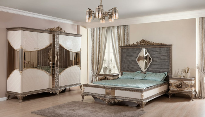 Wit-gouden slaapkamerset tweepersoonsbed 2x nachtkastjes kast set bed