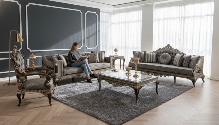 Klassieke Grijze Chesterfield bankstel 3+3+1 zits salontafel 4-delige set