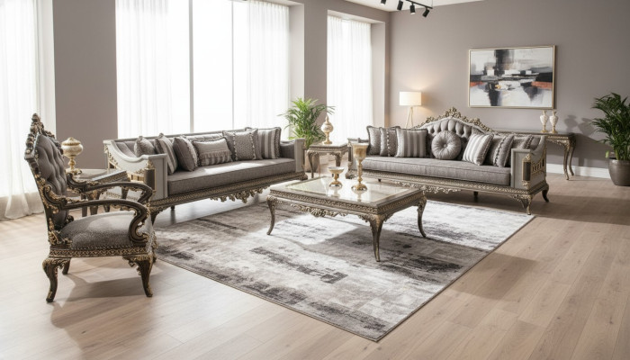 Klassieke Grijze Chesterfield bankstel 3+3+1 zits salontafel 4-delige set