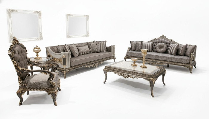 Klassieke Grijze Chesterfield bankstel 3+3+1 zits salontafel 4-delige set