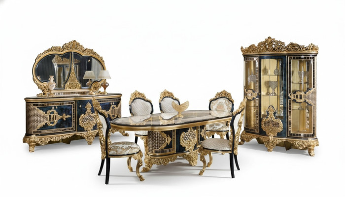 Stijlvolle klassieke eetkamerset eettafel ladenkast spiegel stoelen