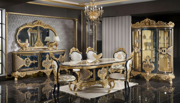 Stijlvolle zwart-gouden eetkamerset luxe dressoir eettafel.