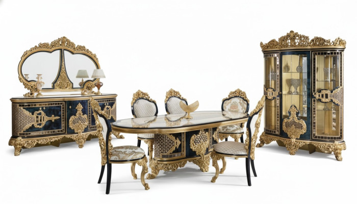 Stijlvolle zwart-gouden eetkamerset luxe dressoir eettafel.