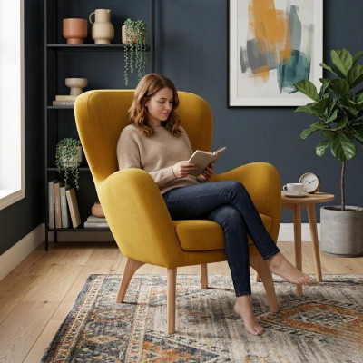Gele fauteuil van een ontwerper, gestoffeerde woonkamerloungestoel, elegante eenzitter
