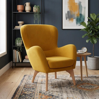 Gele fauteuil van een ontwerper, gestoffeerde woonkamerloungestoel, elegante eenzitter