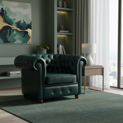 Chesterfield Donkergroene Fauteuil Lounge Woonkamer TV Eenzitter