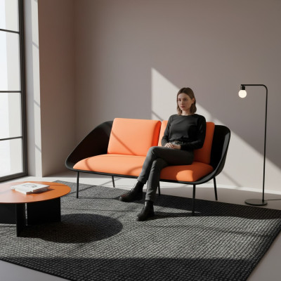 Zwarte-oranje 2-zits studeerkamer bankstel Modern bankstel Textielbanken